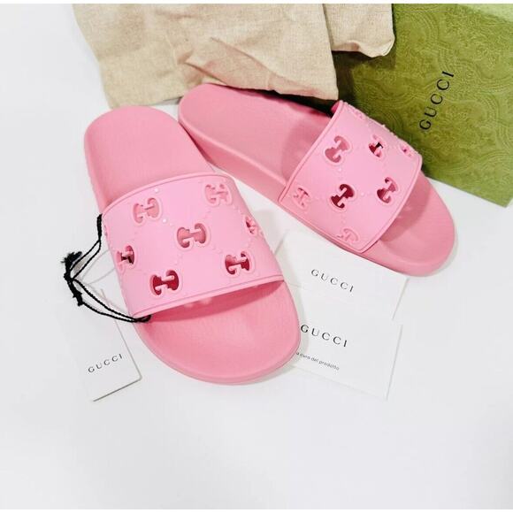 Gucci Sandal Size 39/ 9 Rubber Laser Cut GG Slide Slipper Rose Pink NWB - Picture 7 of 10